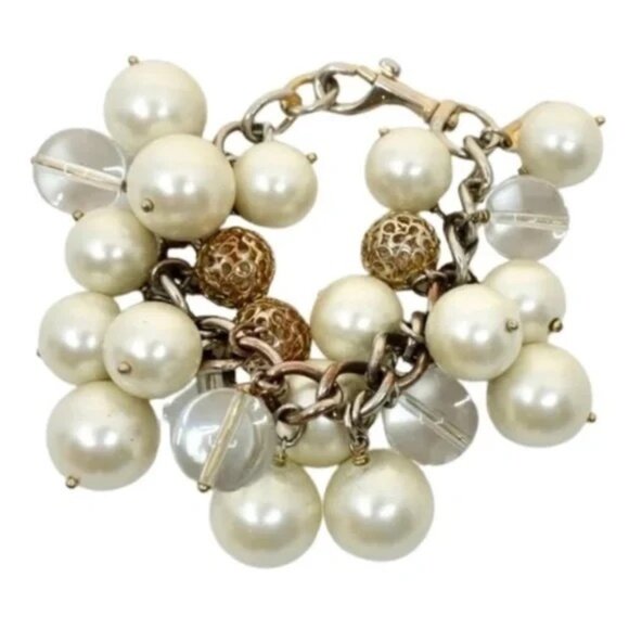COACH~Miranda ~CLUSTER GOLD CRYSTAL BALL & PEARL DANGLE CHARM BRACELET - Picture 1 of 4